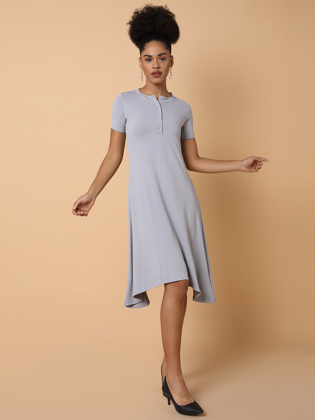 Women Solid Grey Midi A Line Dress