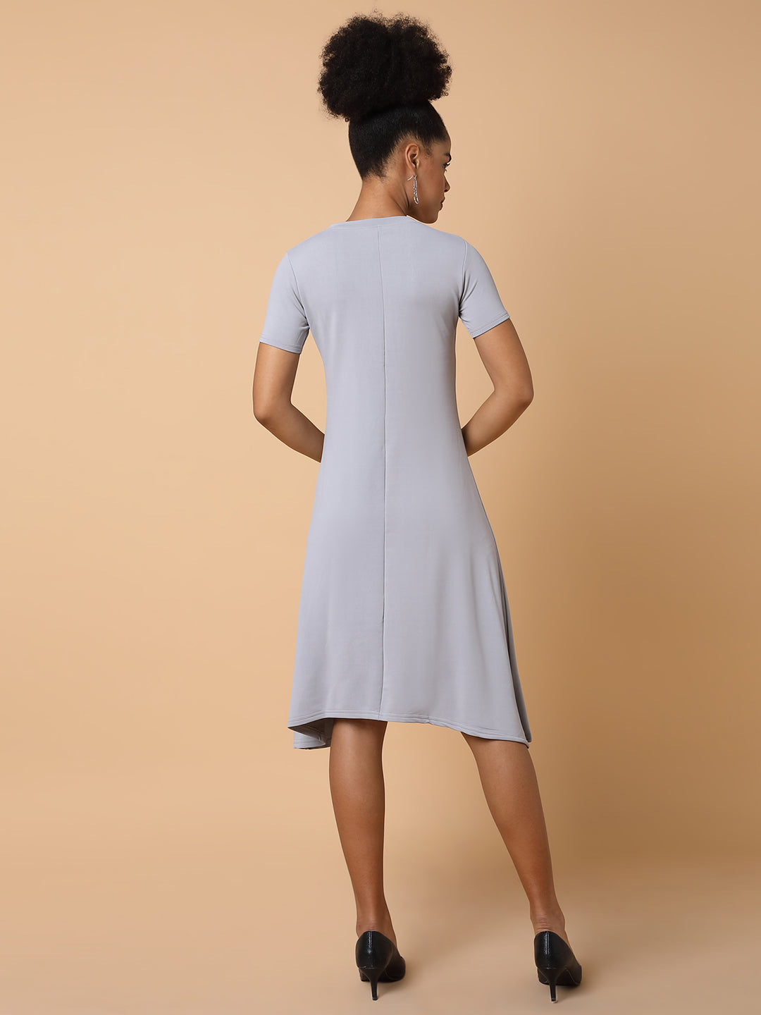 Women Solid Grey Midi A Line Dress