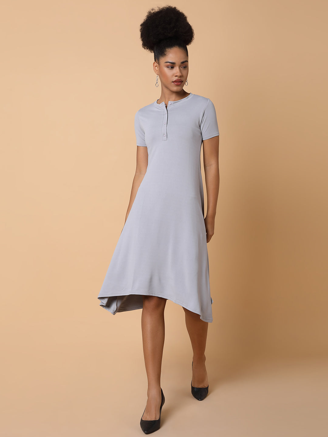 Women Solid Grey Midi A Line Dress