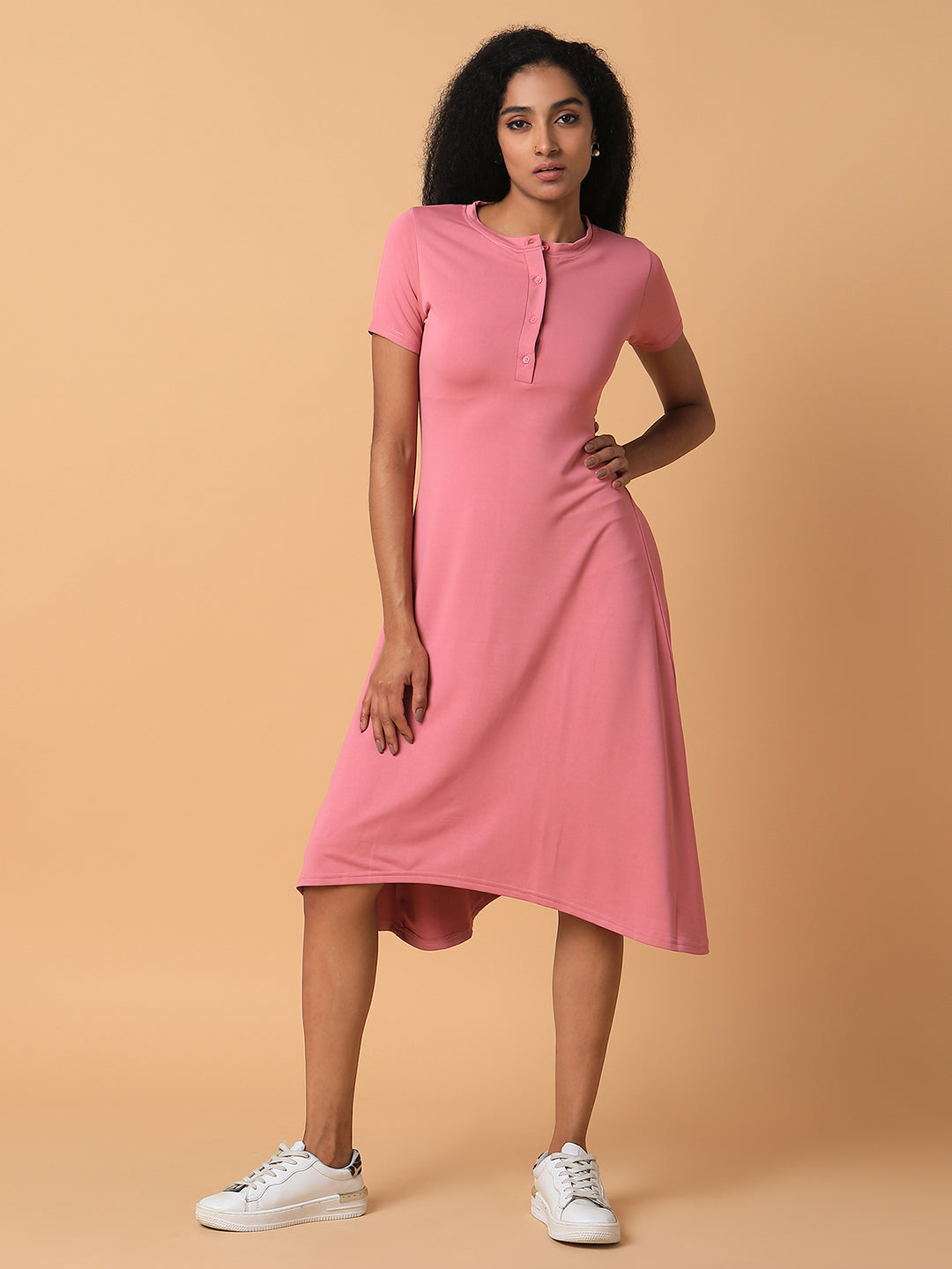 Women Solid Pink Midi A-Line Dress