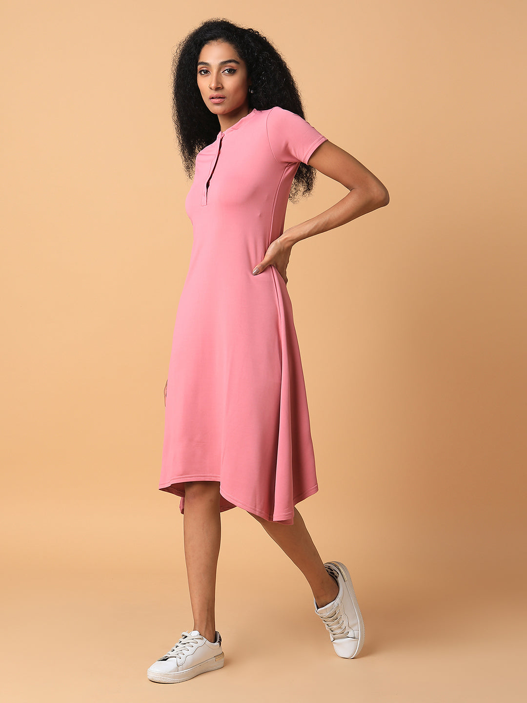 Women Solid Pink Midi A-Line Dress