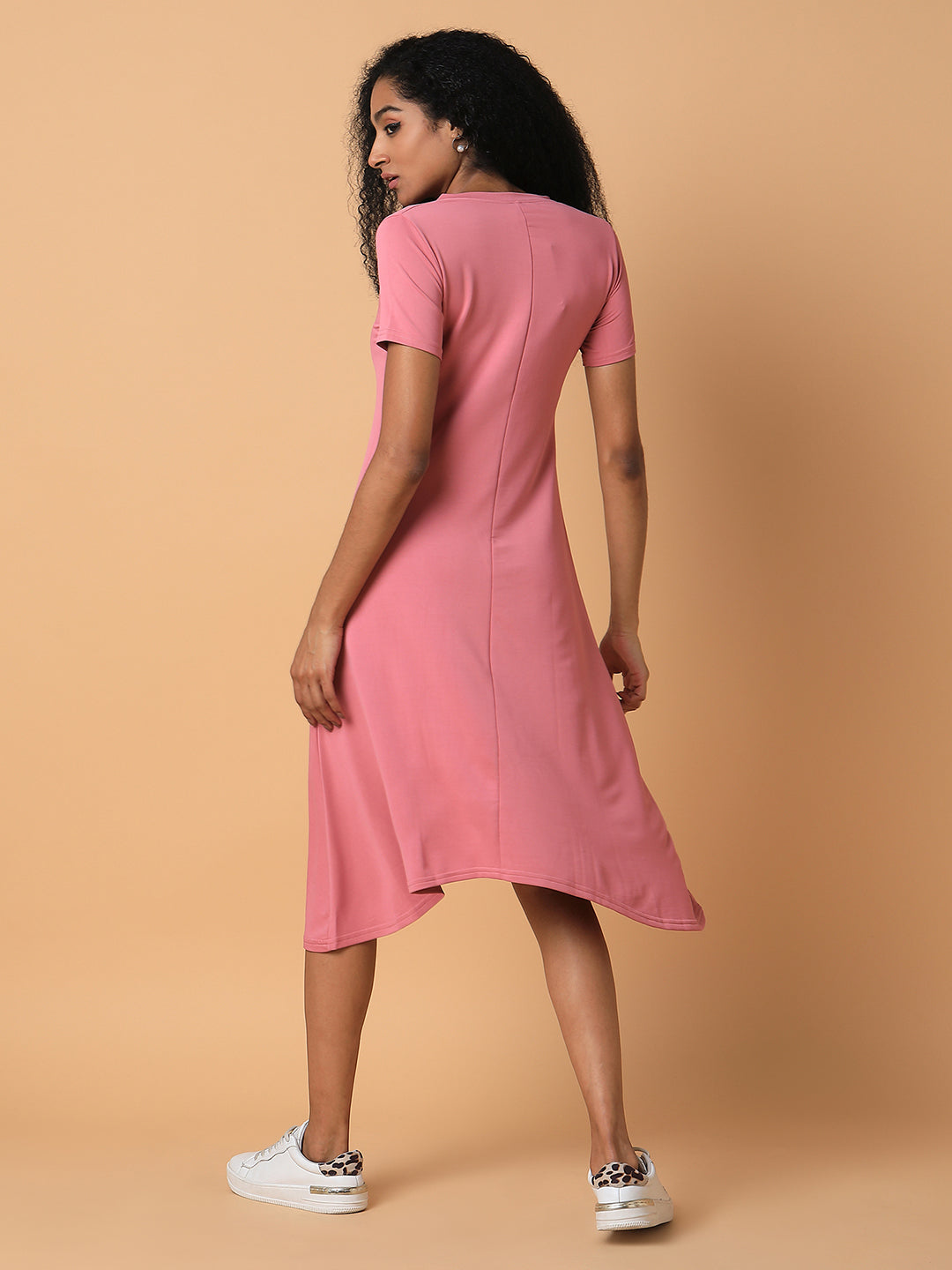 Women Solid Pink Midi A-Line Dress