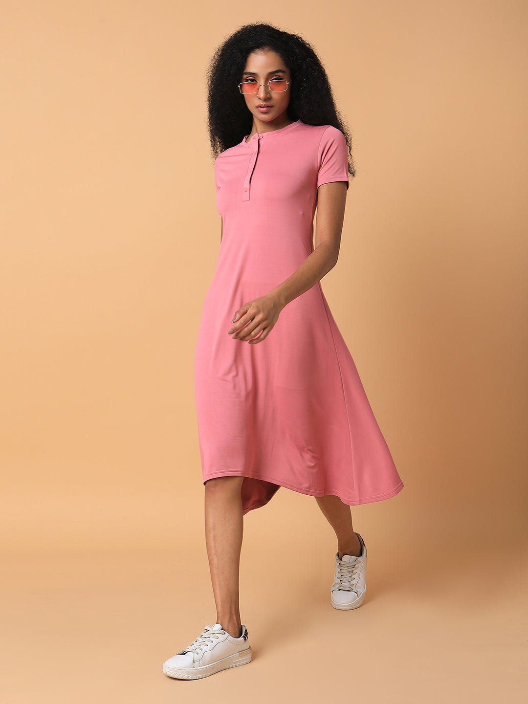 Women Solid Pink Midi A-Line Dress