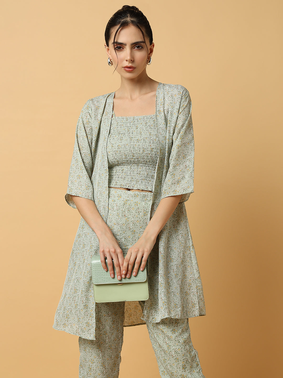 Women Printed Sea Green Co-Ords Set with Shrug