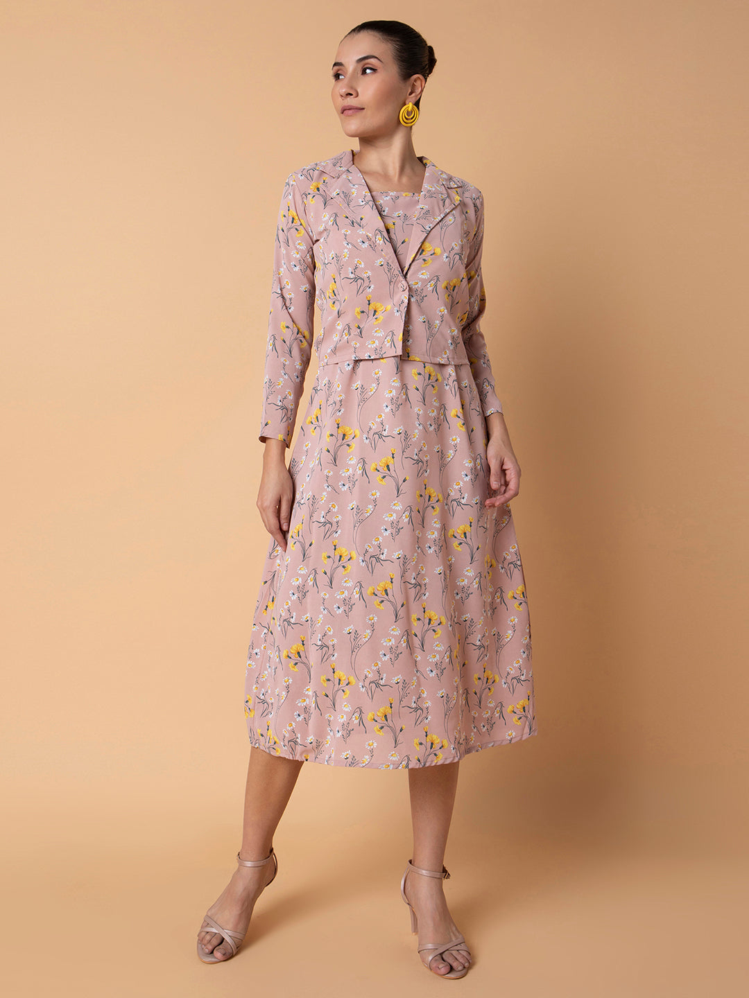 Women Floral Peach Midi A-Line Dress with Shrug