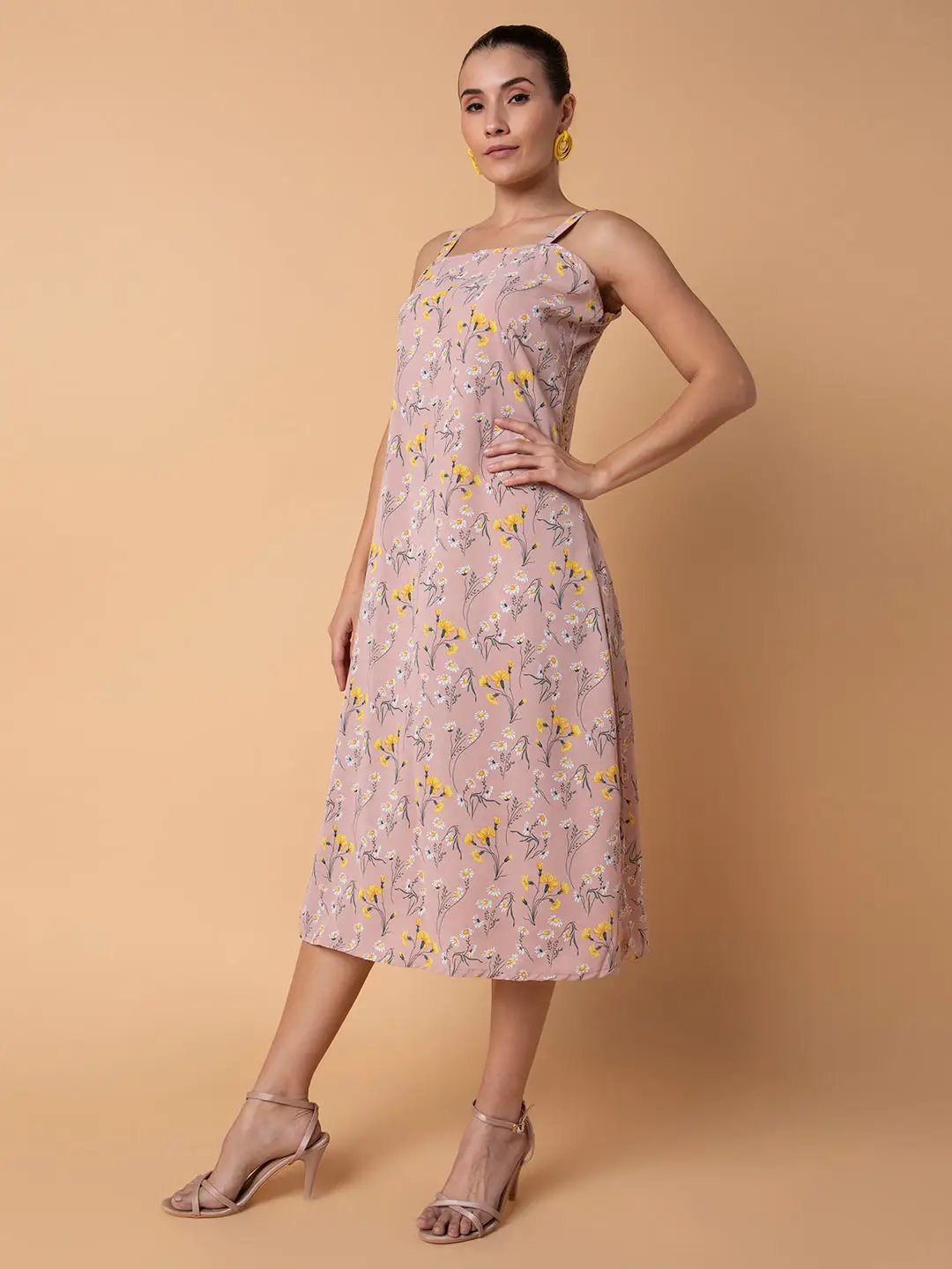 Shop Women's Floral Peach Midi A-Line Dress with Shrug| Showoffff Shop Women's Floral Peach Midi A-Line Dress with Shrug| Showoffff