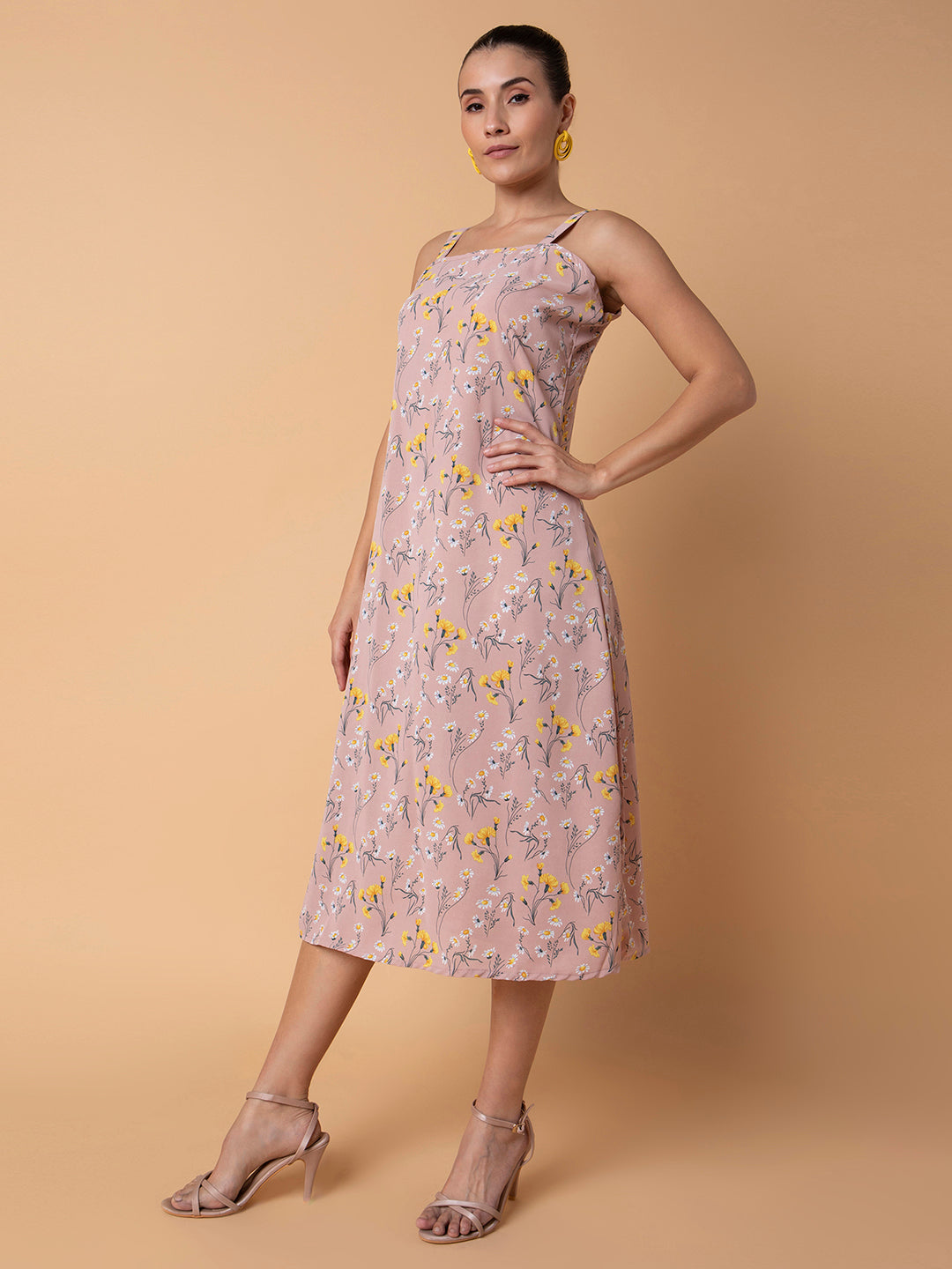 Women Floral Peach Midi A-Line Dress with Shrug