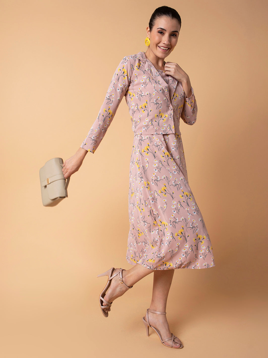 Women Floral Peach Midi A-Line Dress with Shrug