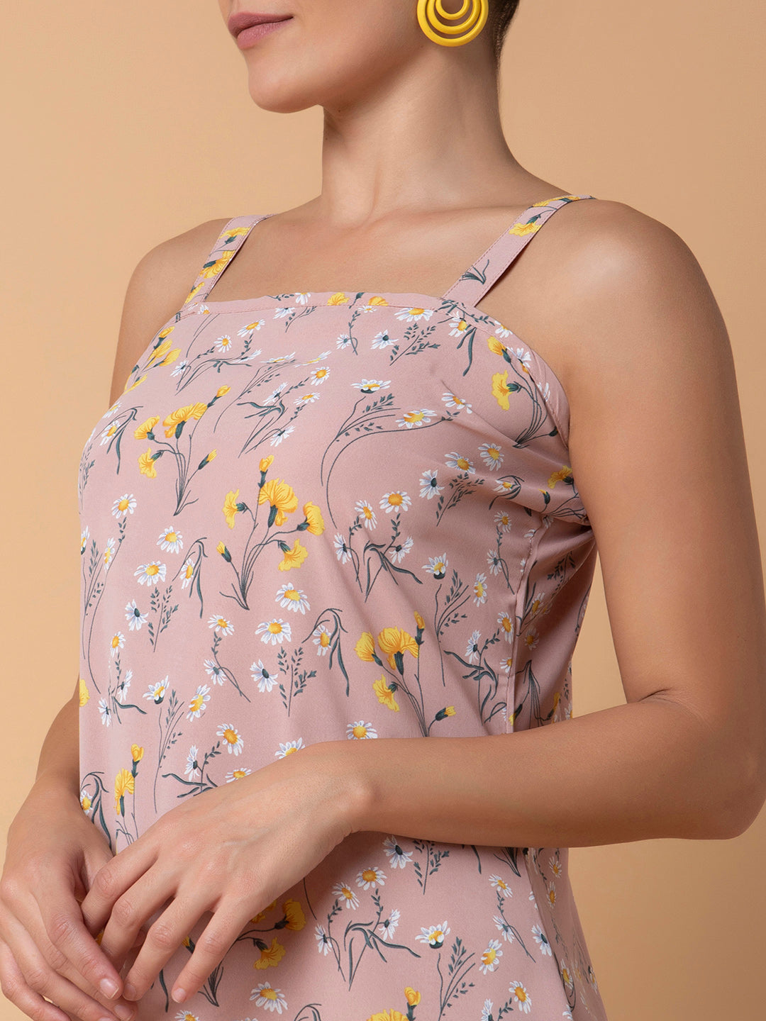 Women Floral Peach Midi A-Line Dress with Shrug