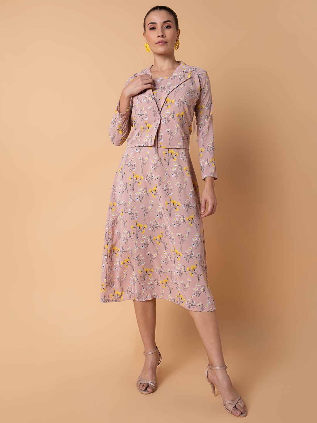 Women Floral Peach Midi A-Line Dress with Shrug