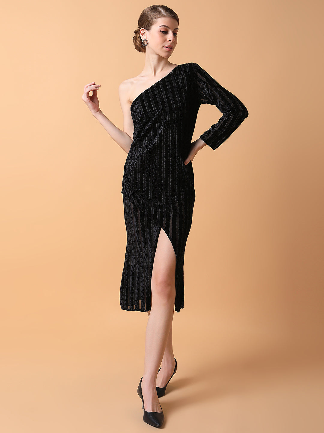 Women Solid Black Midi Wrap Dress