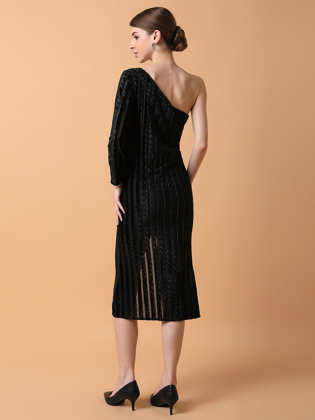 Women Solid Black Midi Wrap Dress