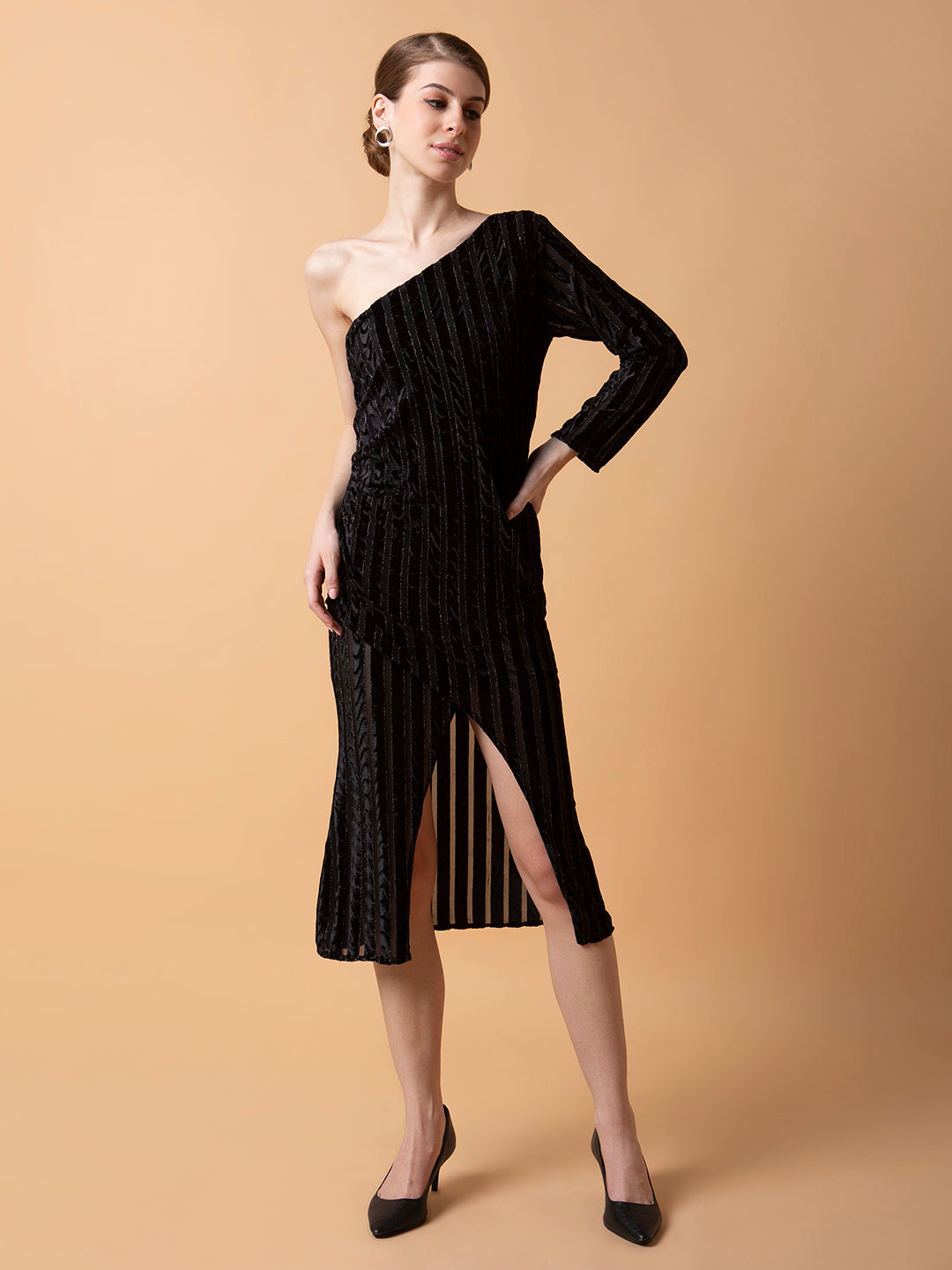 Women Solid Black Midi Wrap Dress