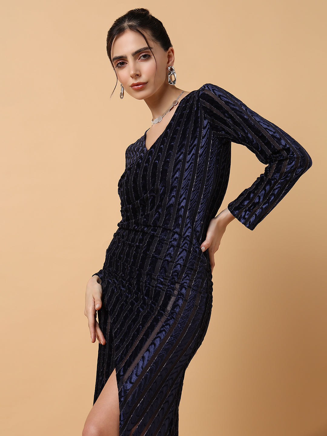 Women Striped Navy Blue Midi Wrap Dress