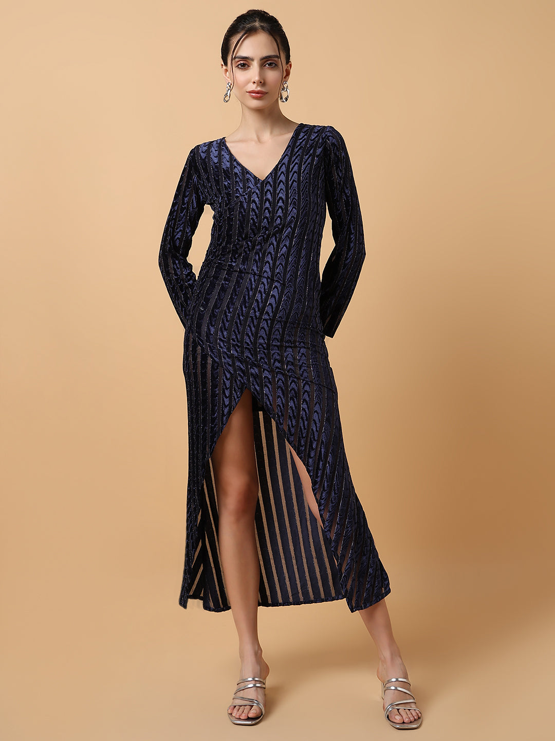 Women Striped Navy Blue Midi Wrap Dress