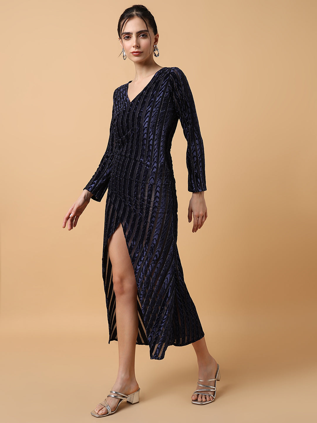 Women Striped Navy Blue Midi Wrap Dress