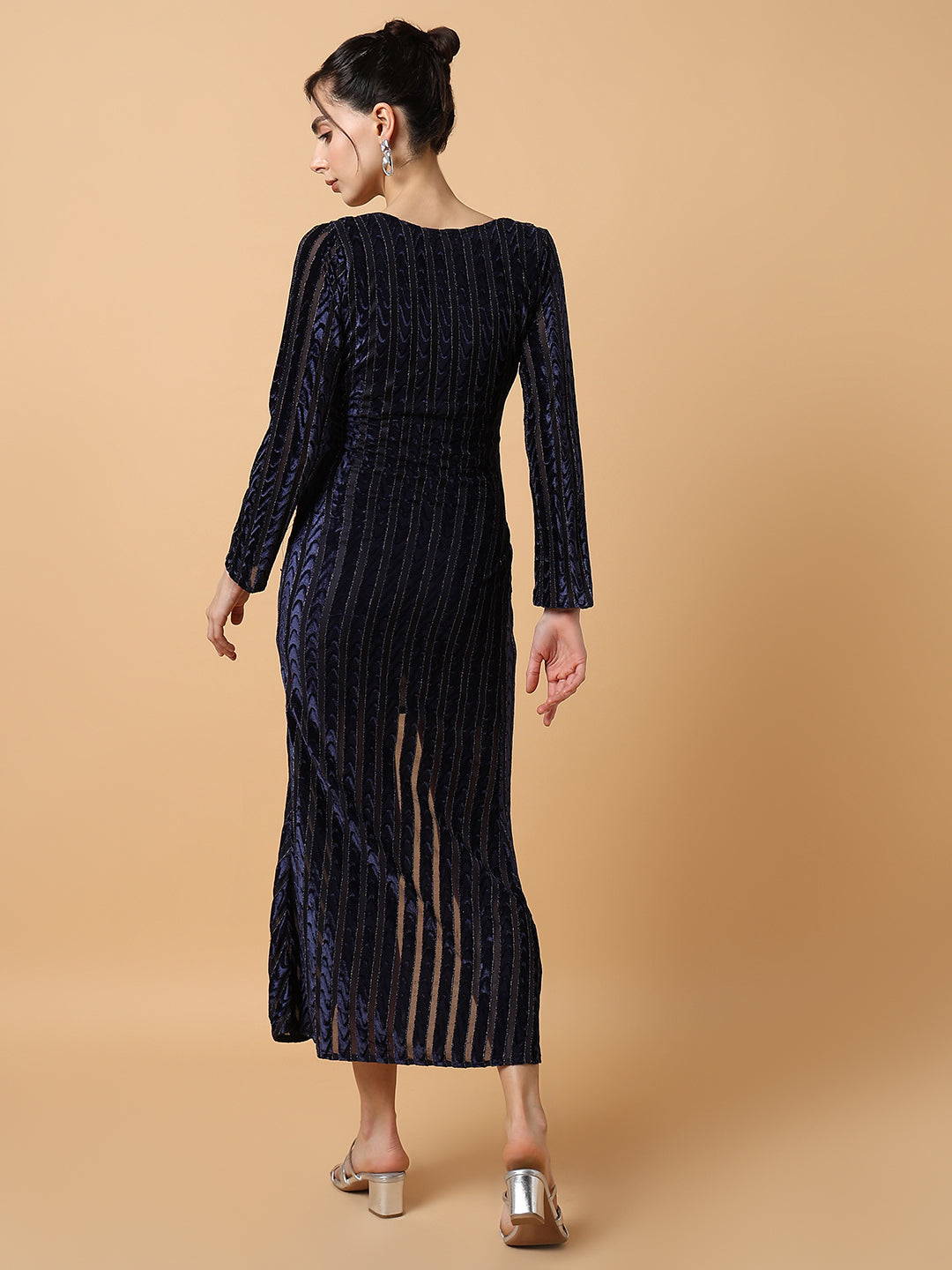 Women Striped Navy Blue Midi Wrap Dress