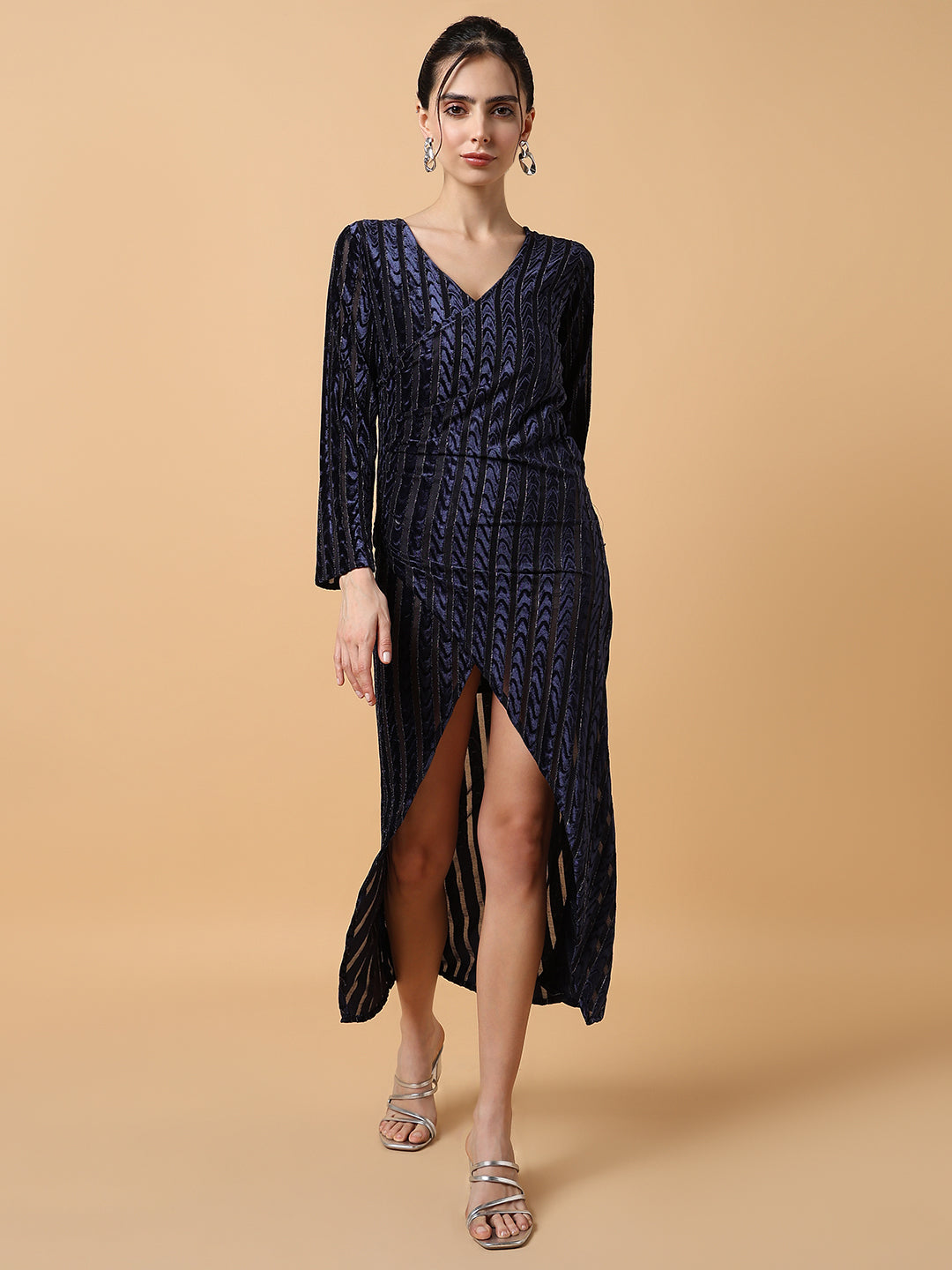 Women Striped Navy Blue Midi Wrap Dress