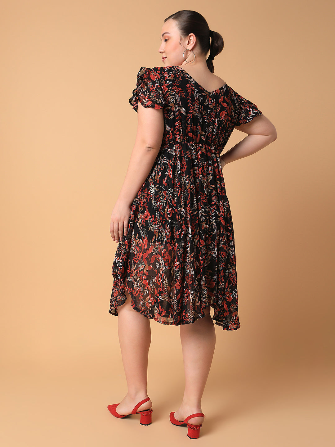 Women Floral Black Empire Midi Dress