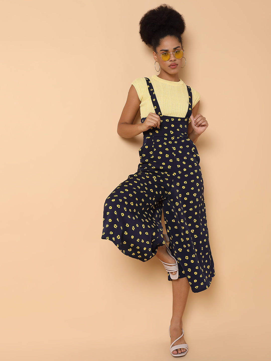 Women Printed Navy Blue Capri Jumpsuit