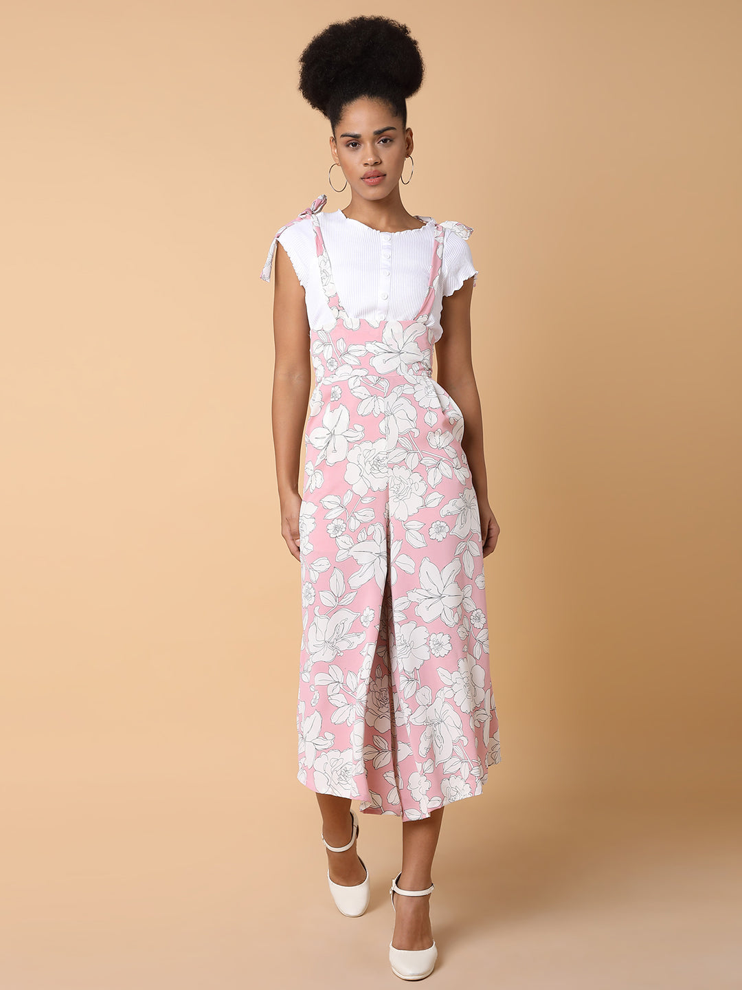 Women Printed Pink Capri Jumpsuit