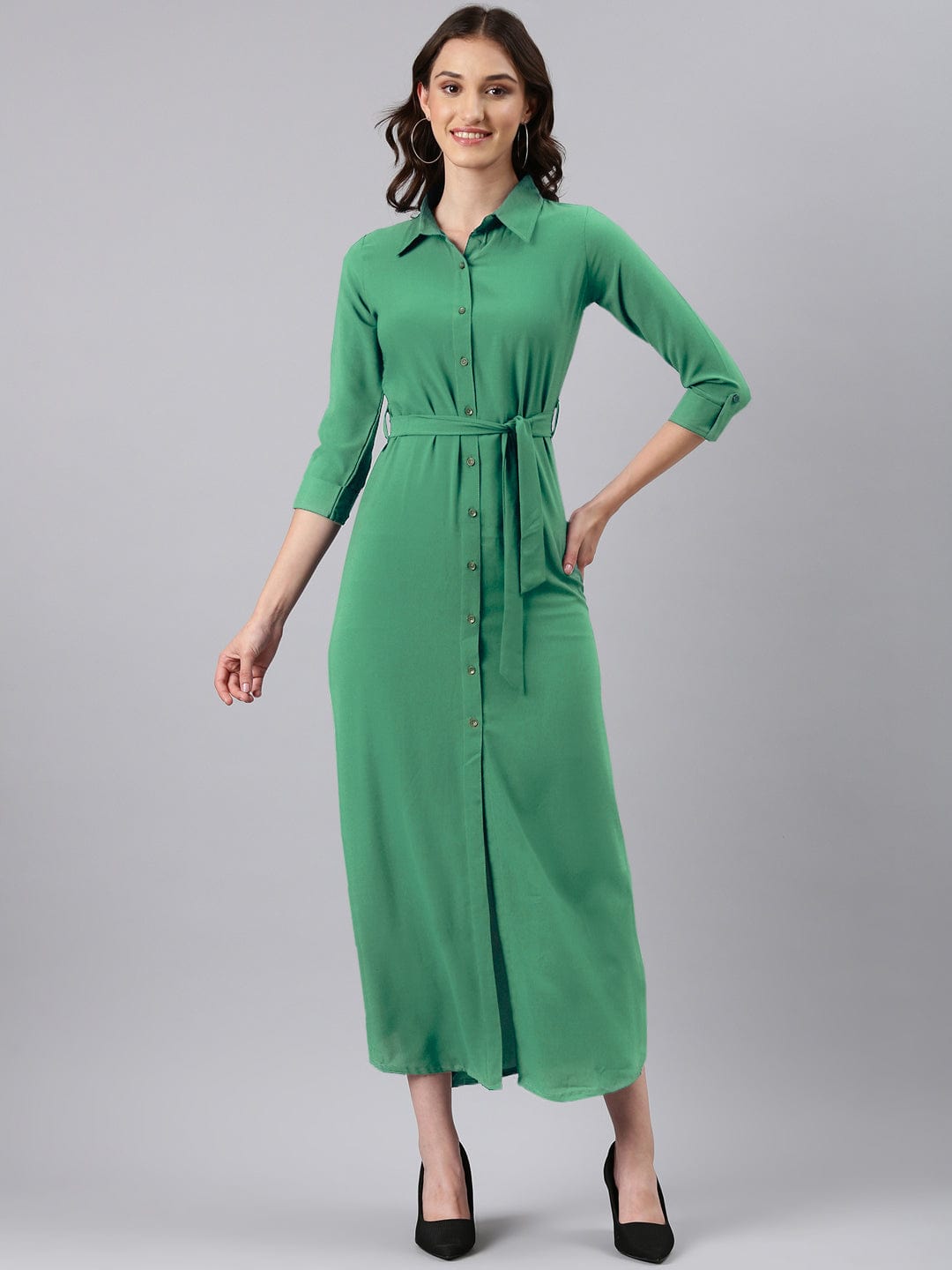 Women's Green Shirt Style Dress with Buttons & Waist Tie-Up
