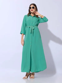 Women's Green Shirt Style Dress with Buttons & Waist Tie-Up