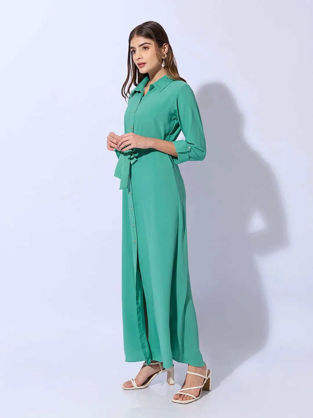 Women's Green Shirt Style Dress with Buttons & Waist Tie-Up