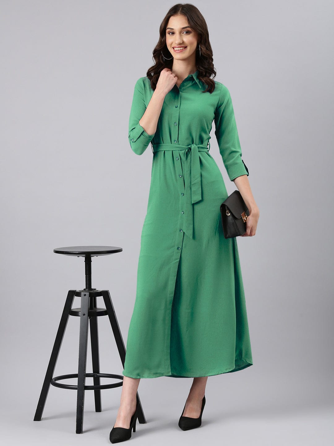 Women's Green Shirt Style Dress with Buttons & Waist Tie-Up