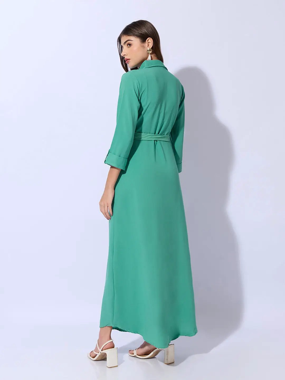 Women's Green Shirt Style Dress with Buttons & Waist Tie-Up