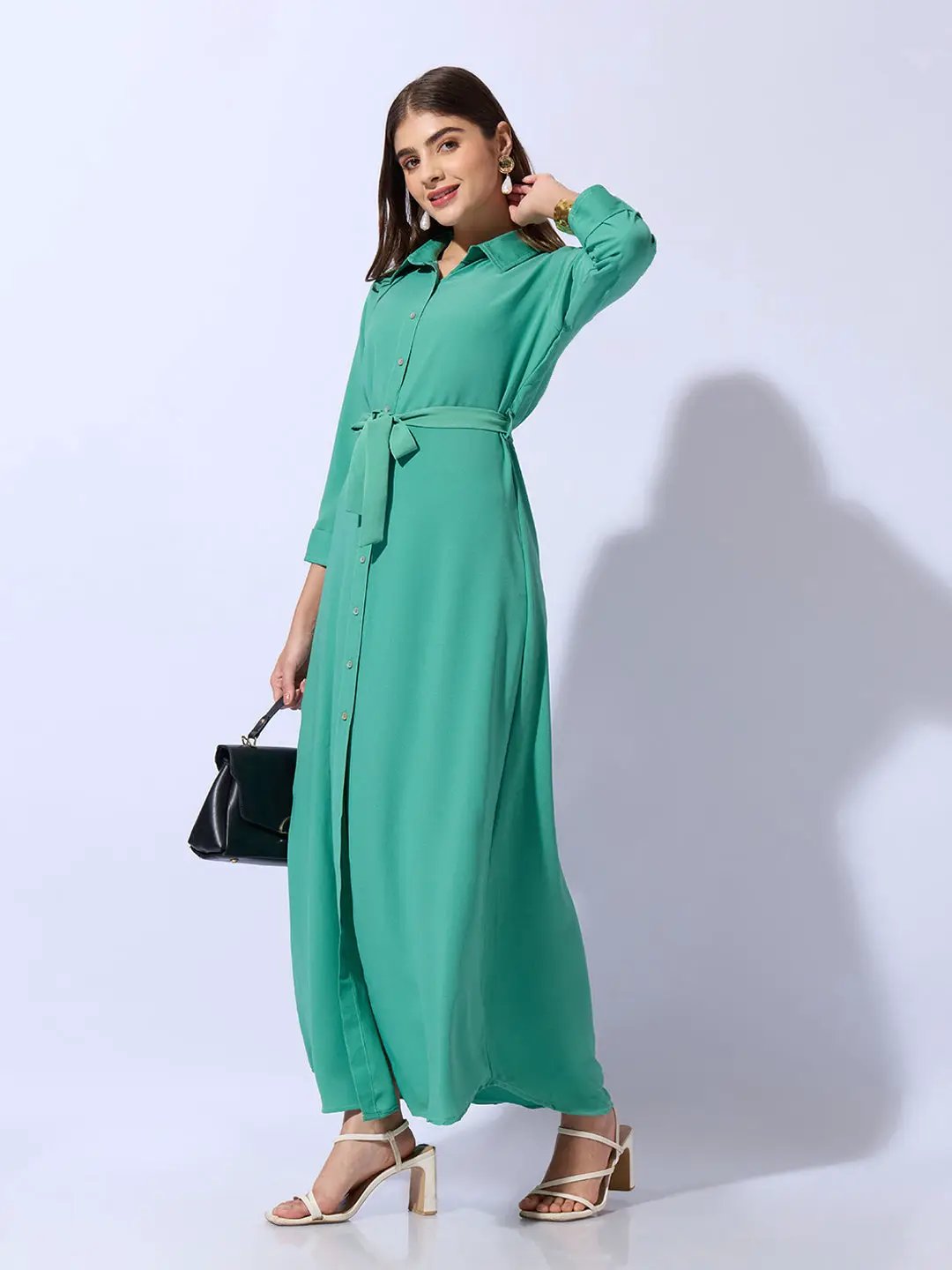 Women's Green Shirt Style Dress with Buttons & Waist Tie-Up
