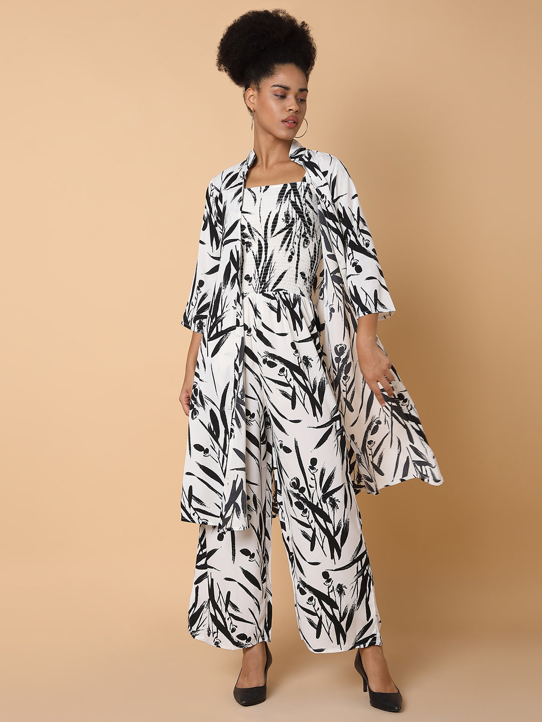 Women Printed Cream Jumpsuit with Shrug