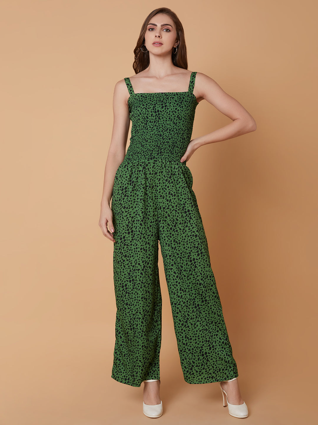 Women Printed Green Basic Jumpsuit with Shrug