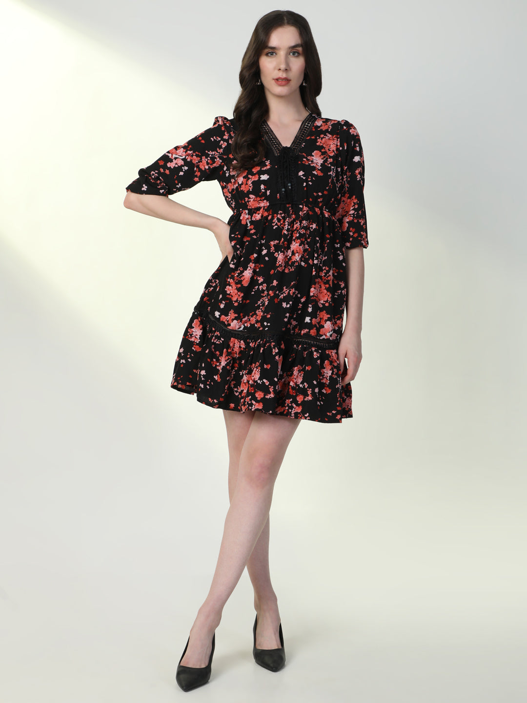 Women Floral Black A-Line Dress