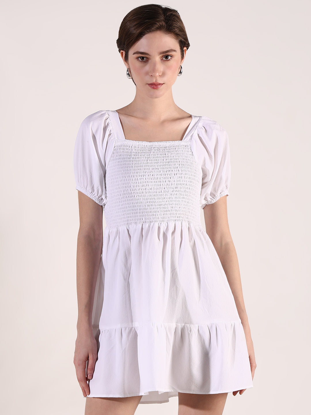 Women White Solid Fit and Flare Dress