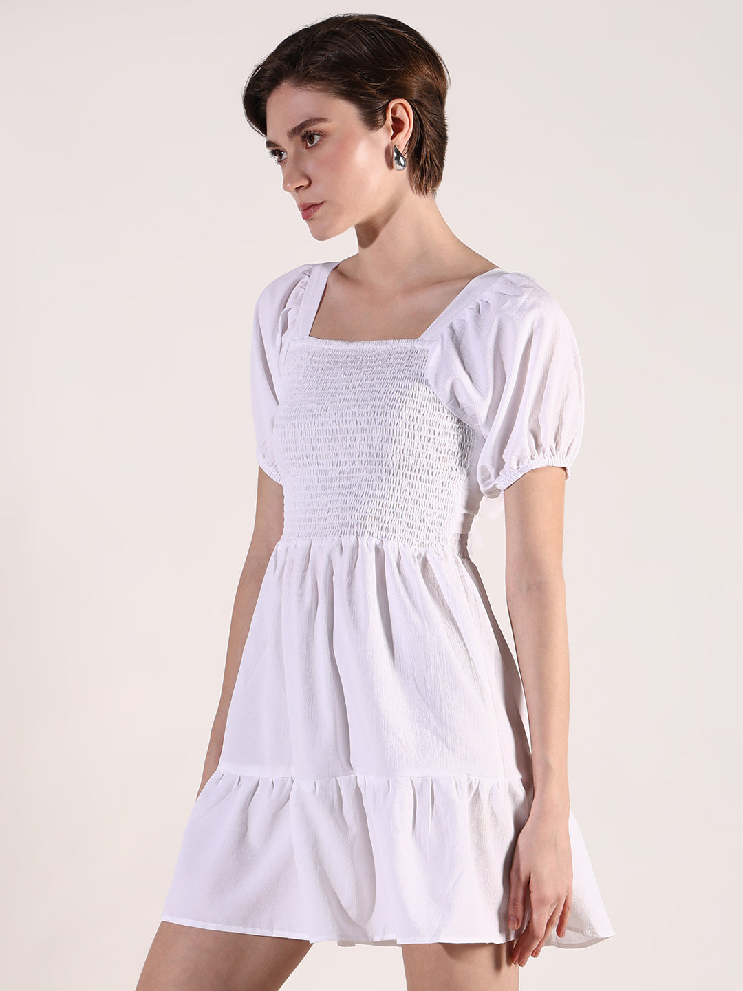 Women White Solid Fit and Flare Dress