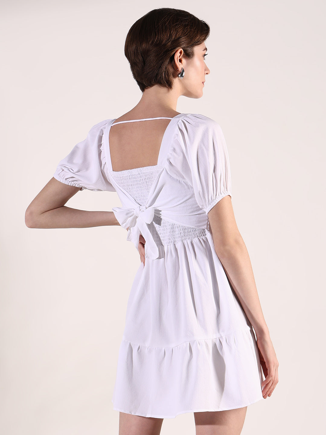 Women White Solid Fit and Flare Dress