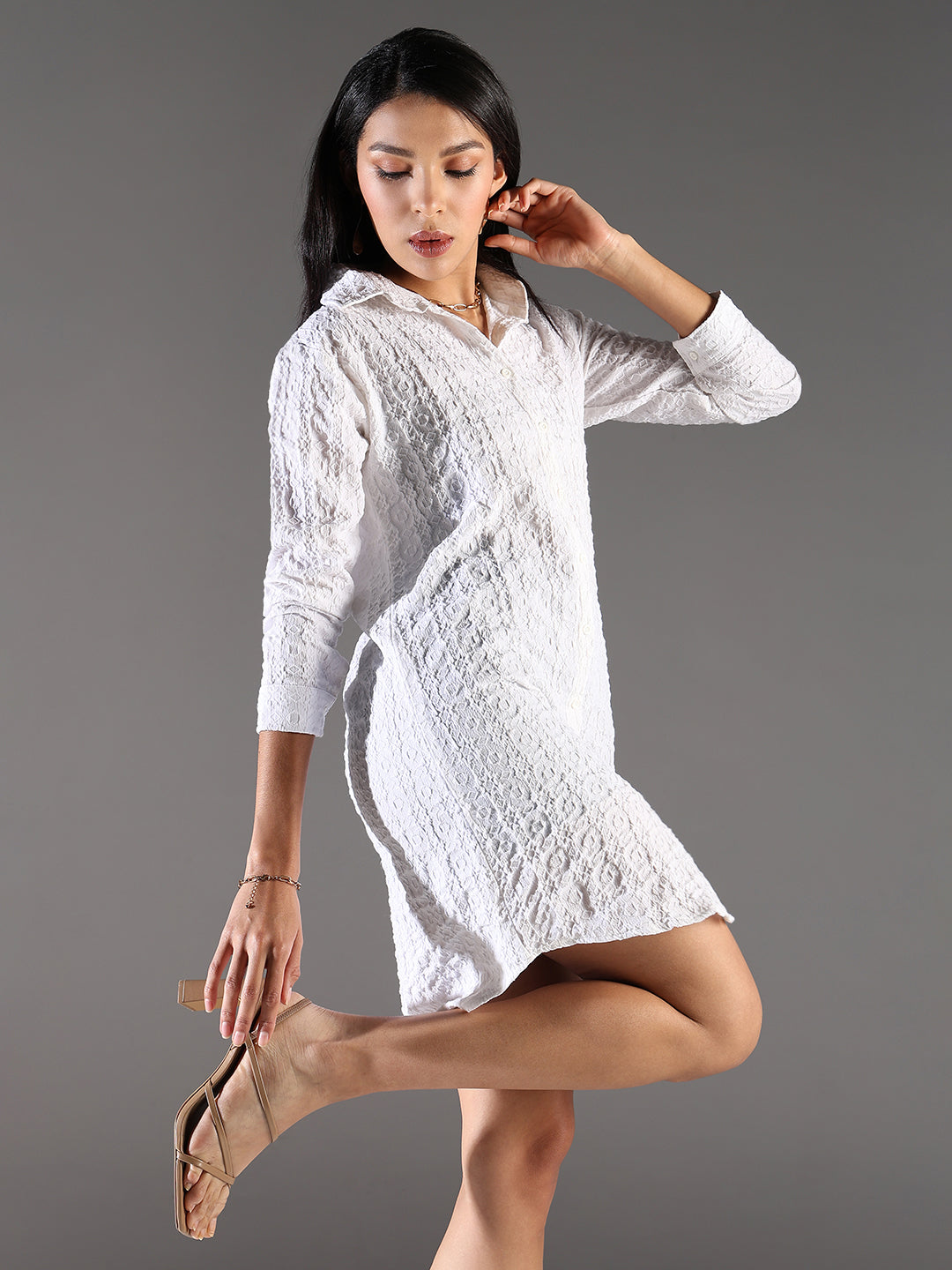 Women White Solid Shirt Dress