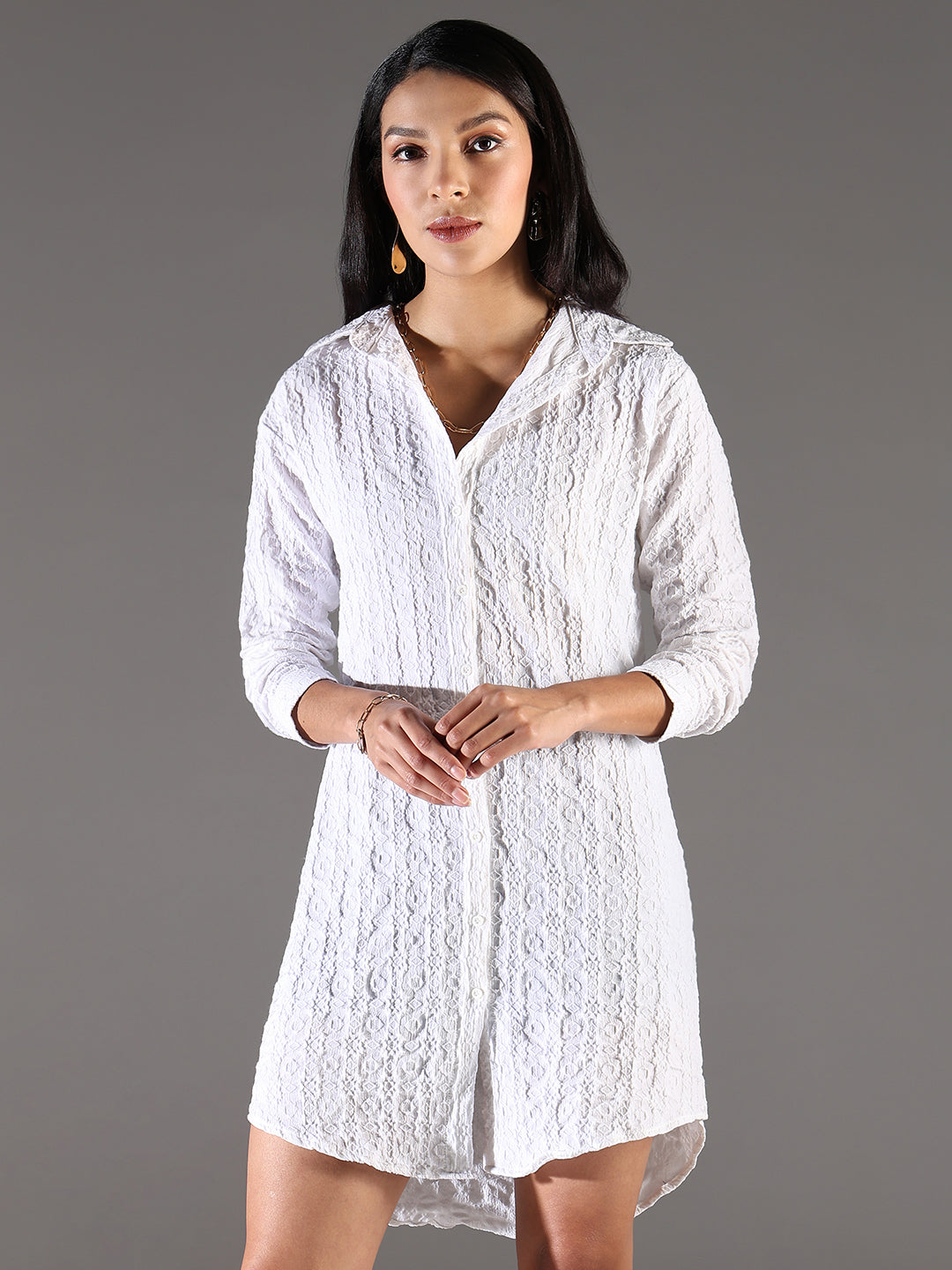 Women White Solid Shirt Dress