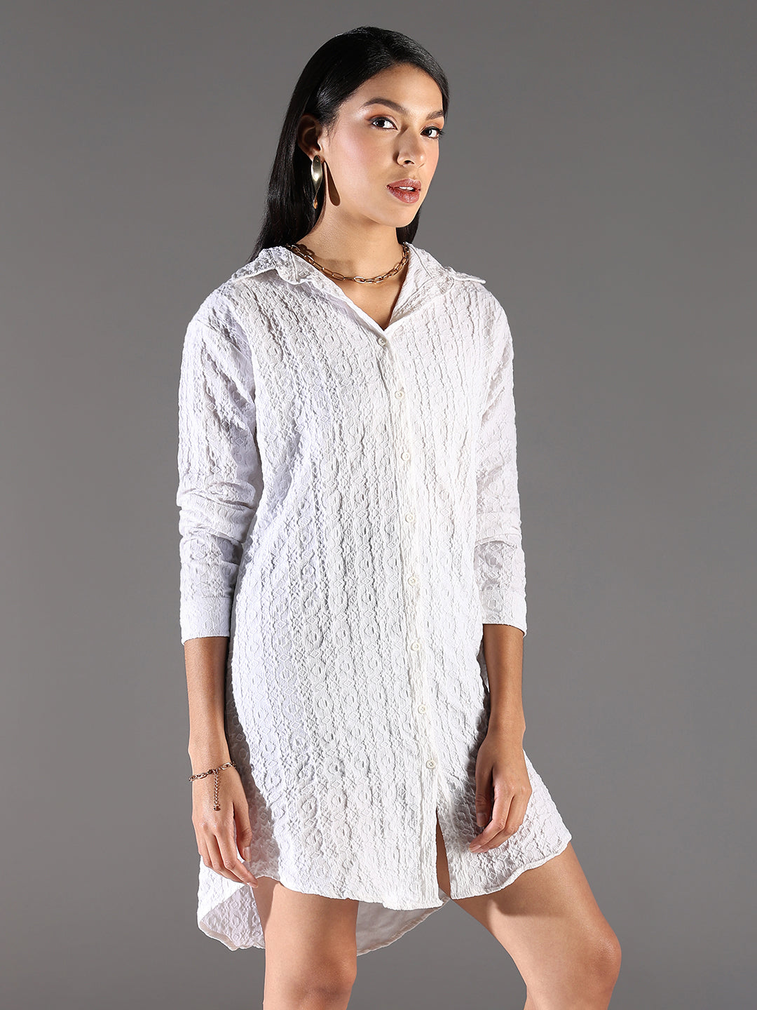 Women White Solid Shirt Dress