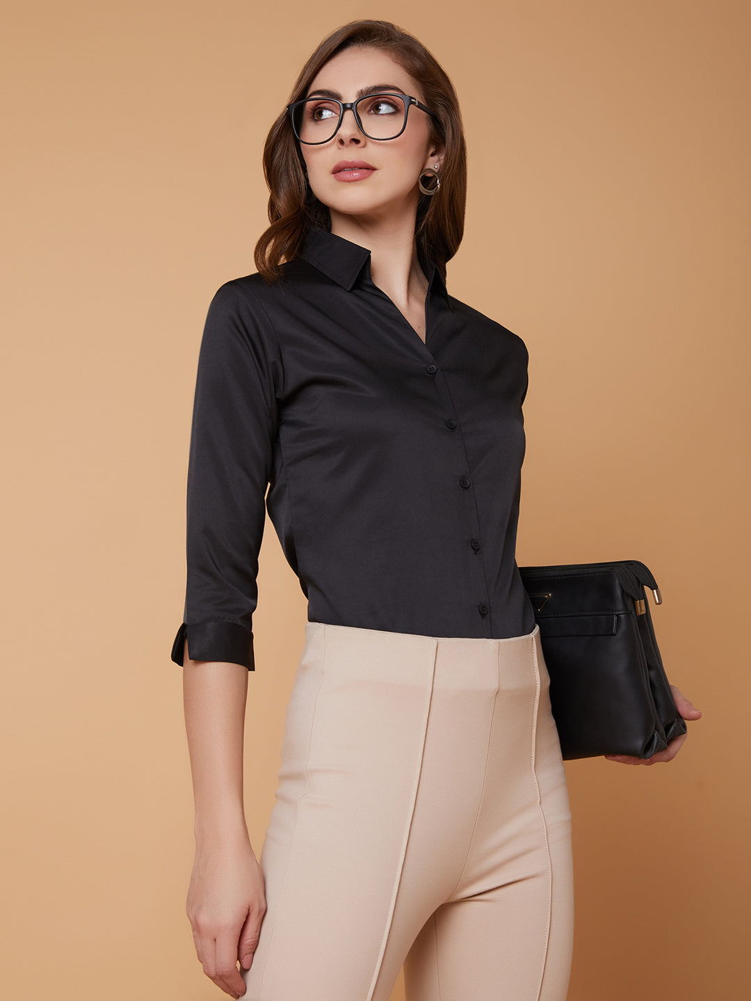 Women Solid Black Slim Fit Shirt