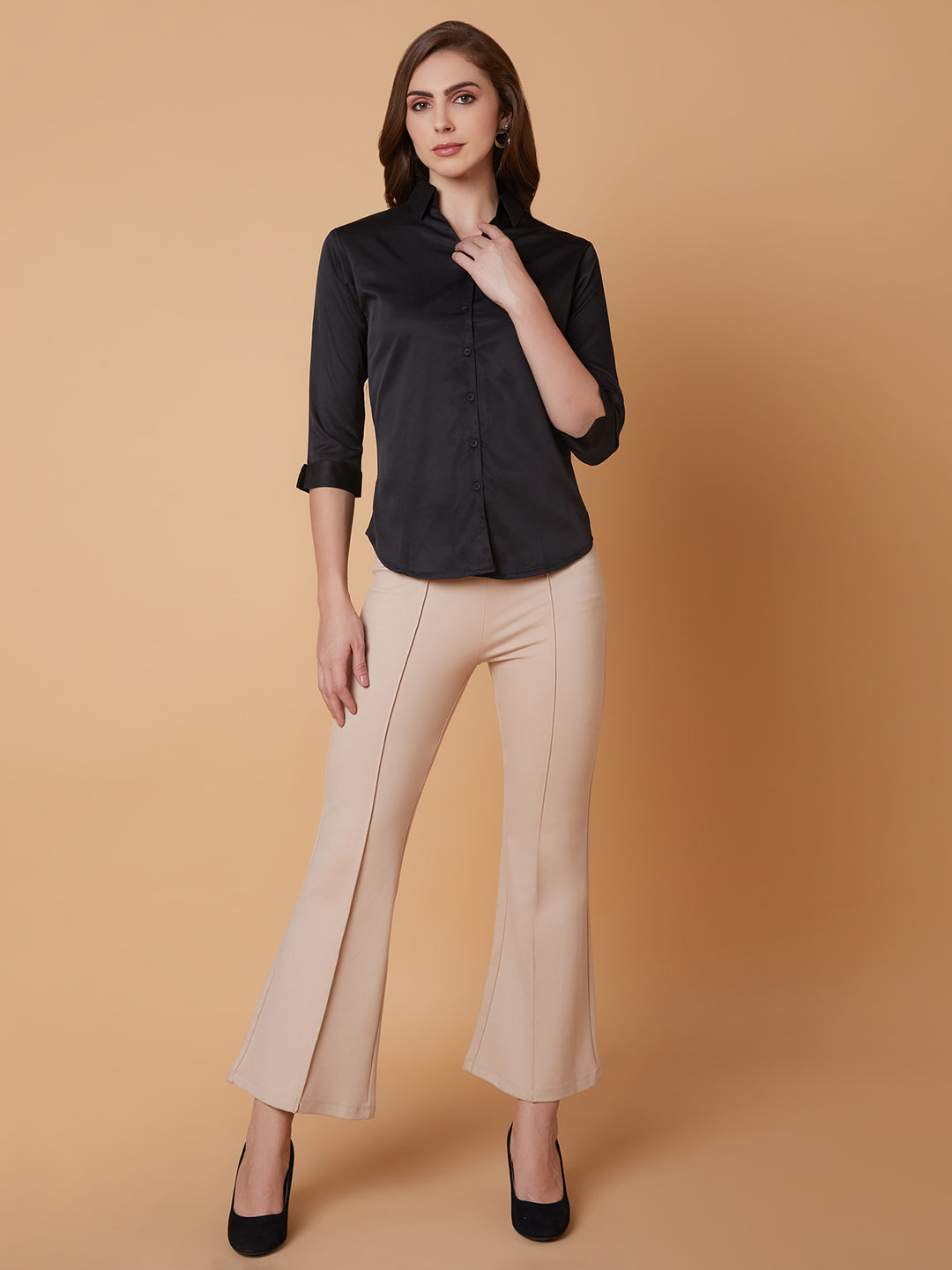 Women Solid Black Slim Fit Shirt