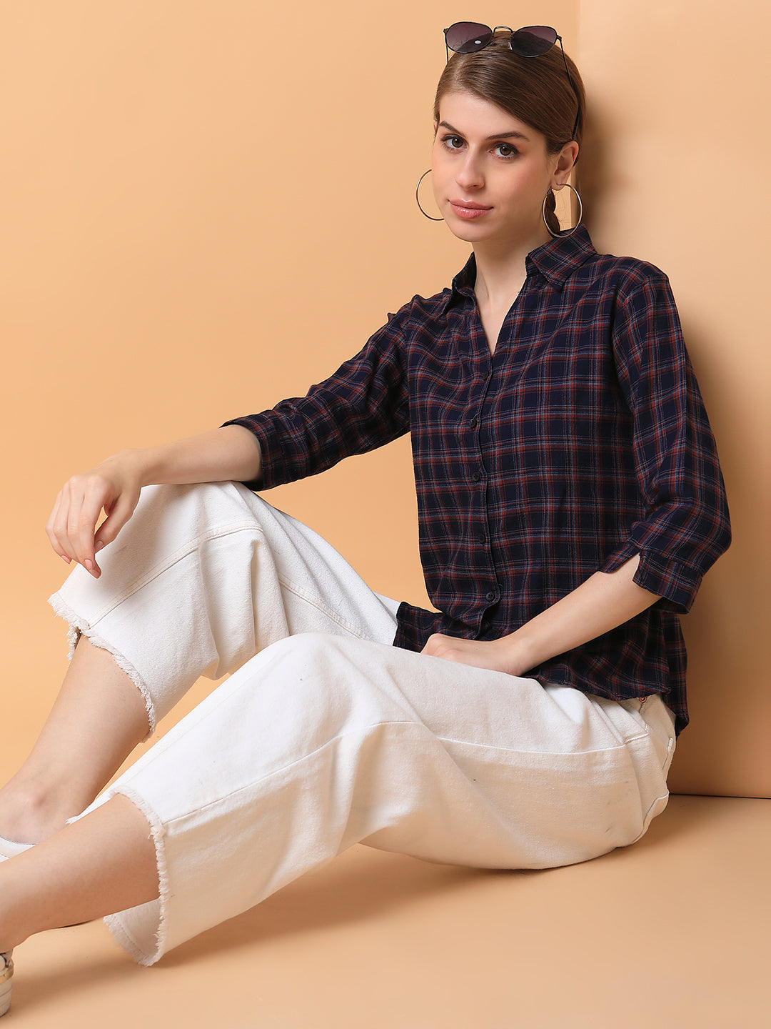 Women Checked Navy Blue Slim Fit Shirt