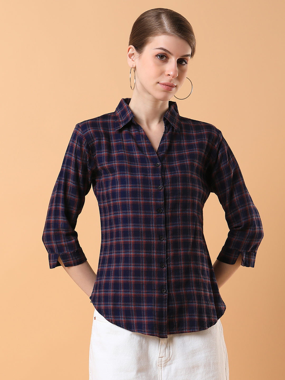 Women Checked Navy Blue Slim Fit Shirt