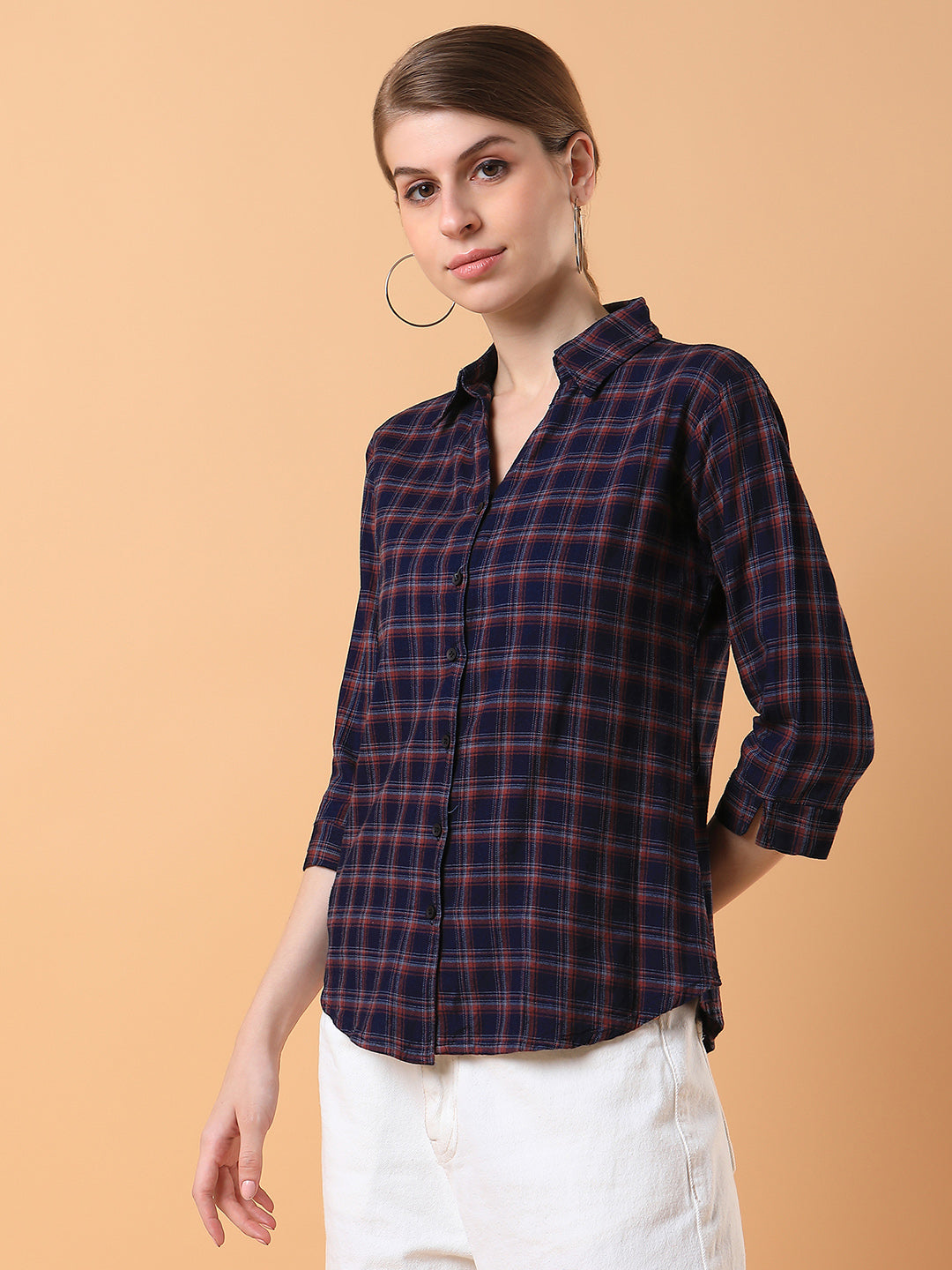 Women Checked Navy Blue Slim Fit Shirt