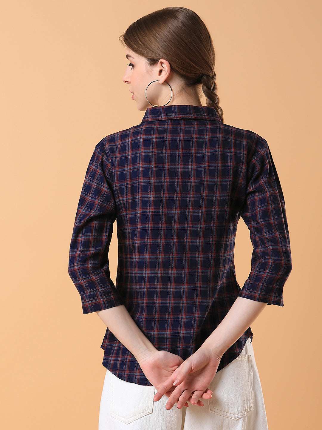 Women Checked Navy Blue Slim Fit Shirt