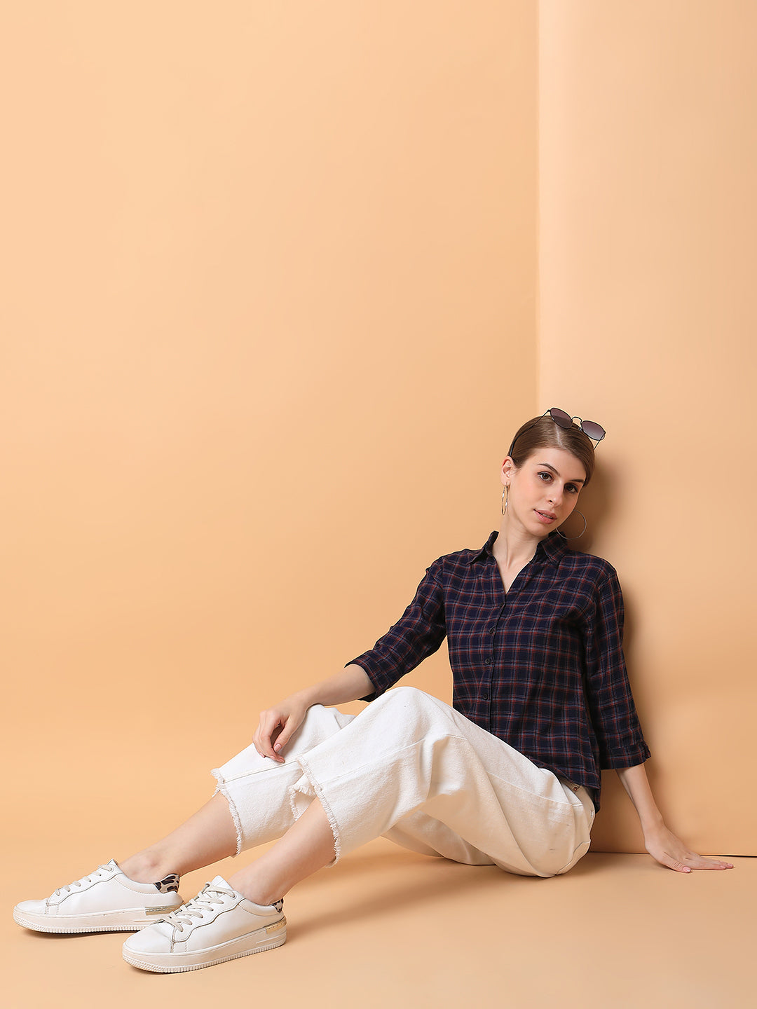 Women Checked Navy Blue Slim Fit Shirt