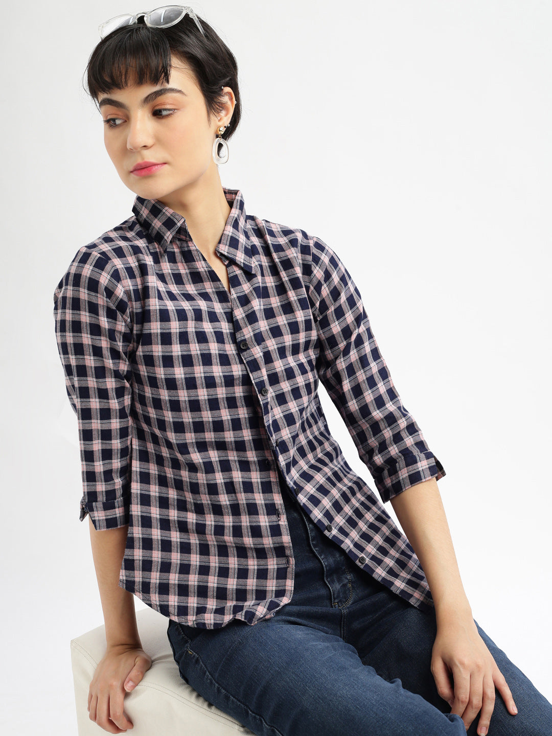 Women Checked Navy Blue Slim Fit Shirt