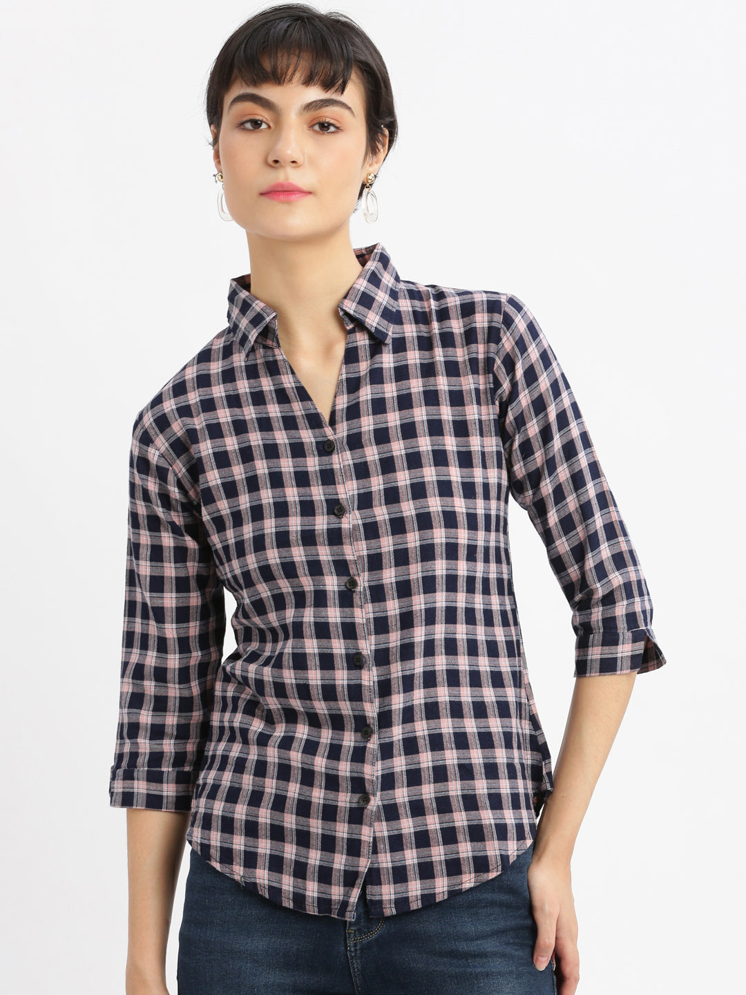 Women Checked Navy Blue Slim Fit Shirt