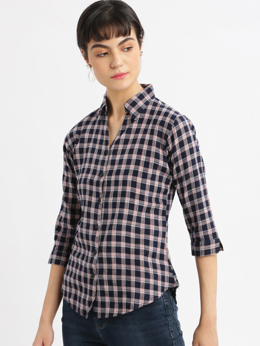 Women Checked Navy Blue Slim Fit Shirt